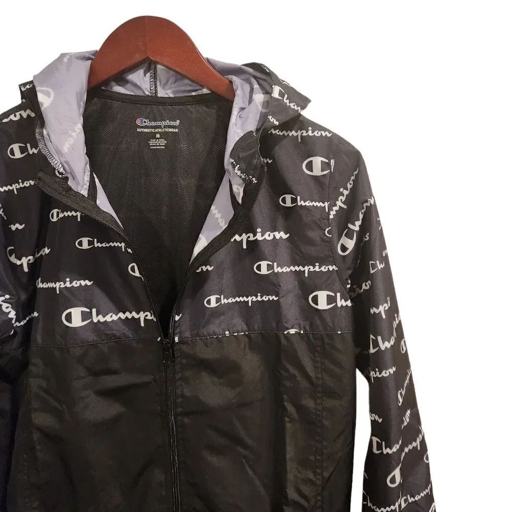 Champions Logo Windbreaker Jacket Zip up Hooded Black White Medium Kids - Picture 3 of 5